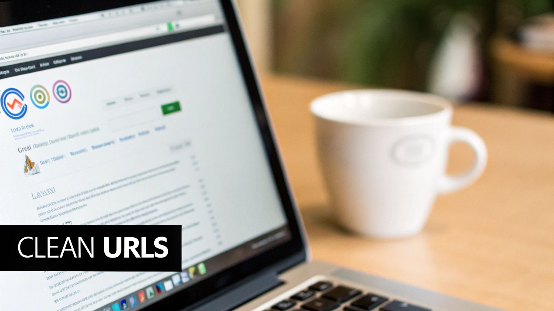 A laptop screen displaying a website with icons and text, next to a white coffee mug, with 'CLEAN URLS' overlay.