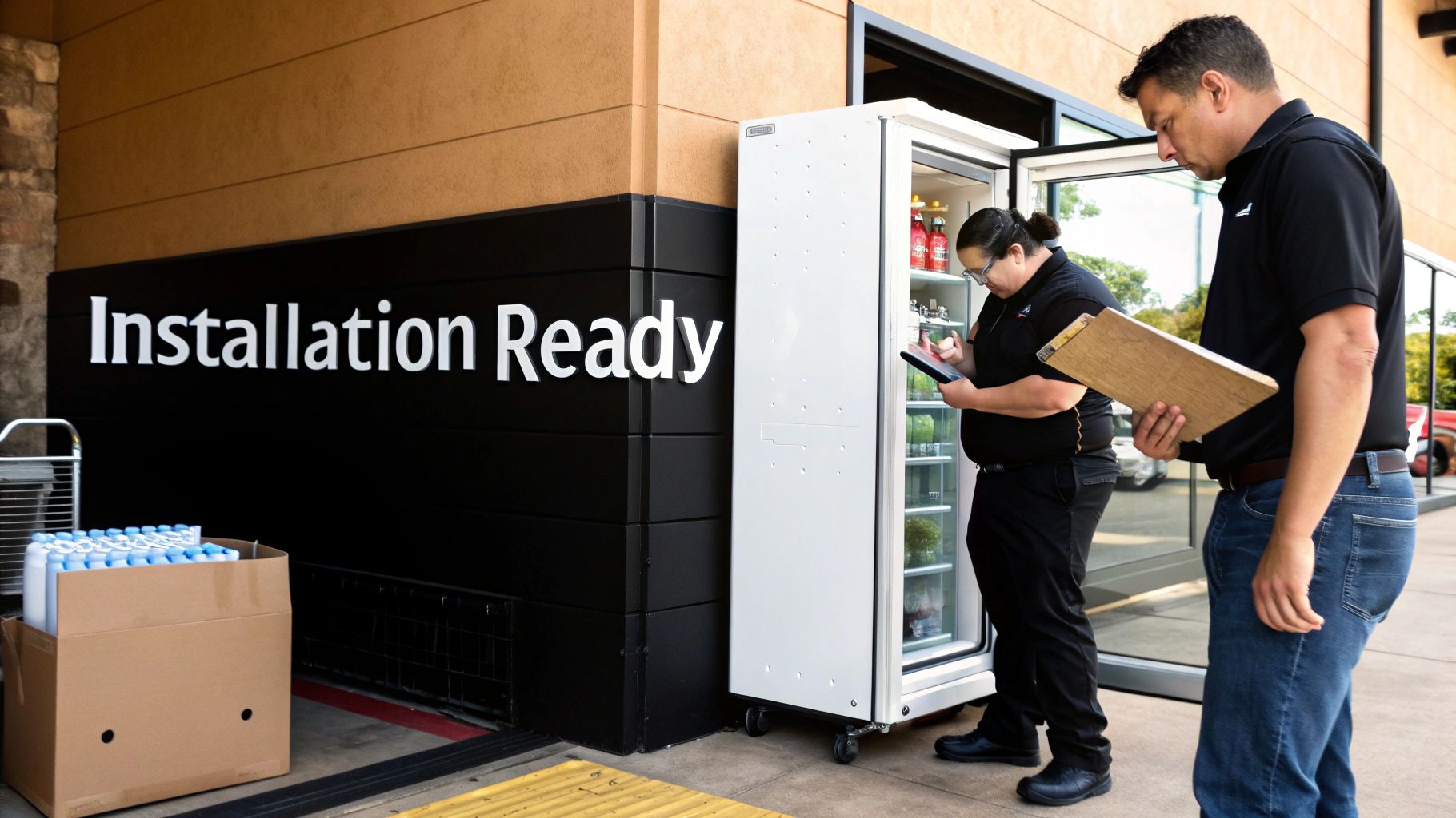 Two technicians inspect a commercial refrigerator, checking inventory and preparing for installation.
