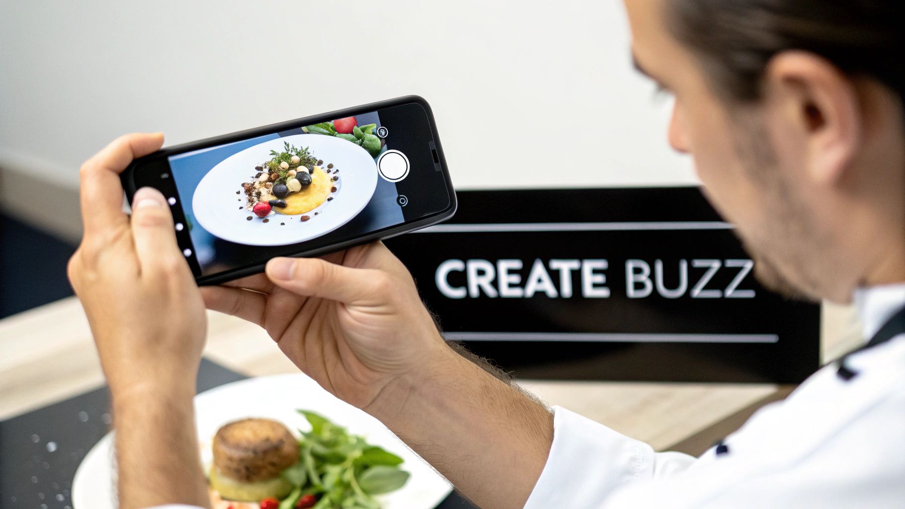 Hands holding a smartphone photographing a gourmet dish, with a 'CREATE BUZZ' sign in the background.