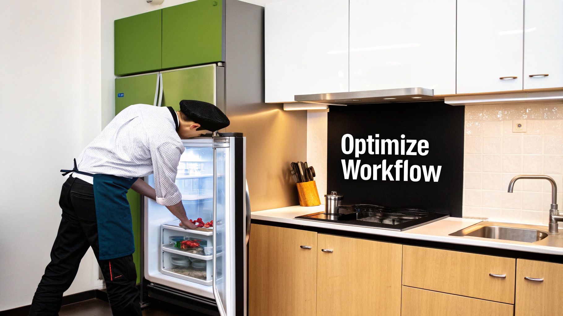 A person in chef's attire leans into an open under-cabinet refrigerator in a modern kitchen.