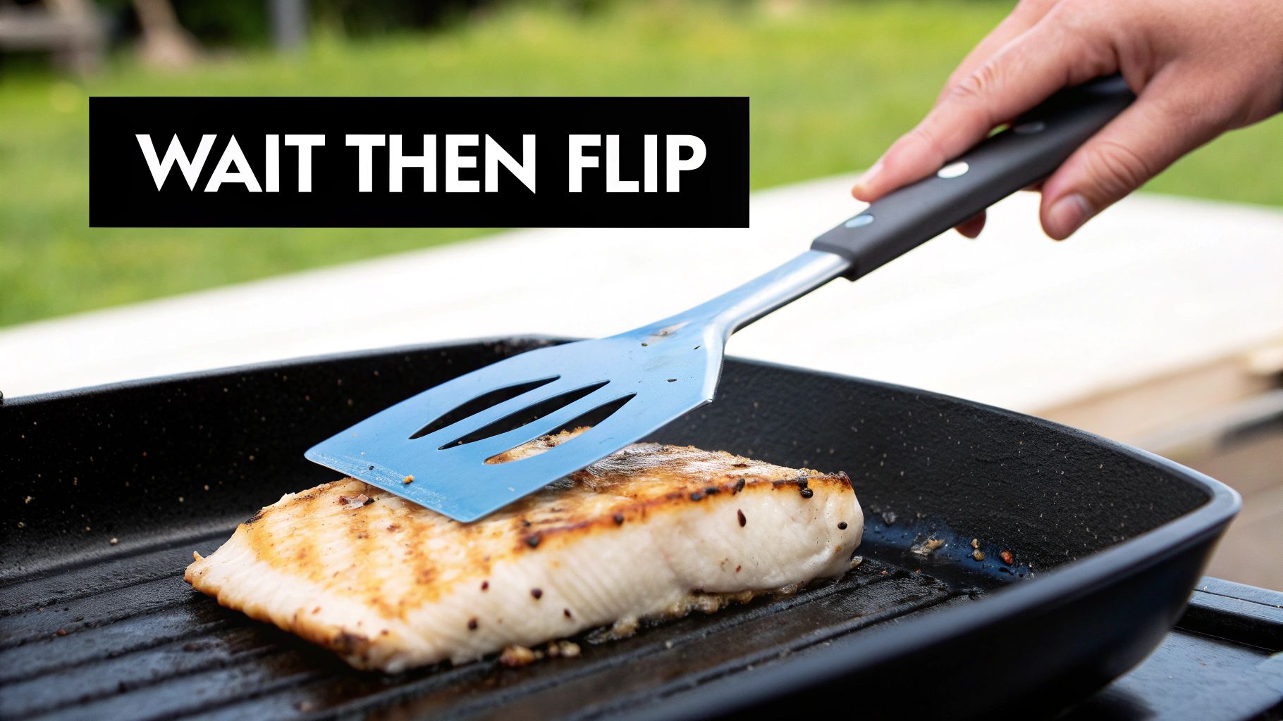 A chef carefully flipping a piece of salmon on a commercial charbroiler.