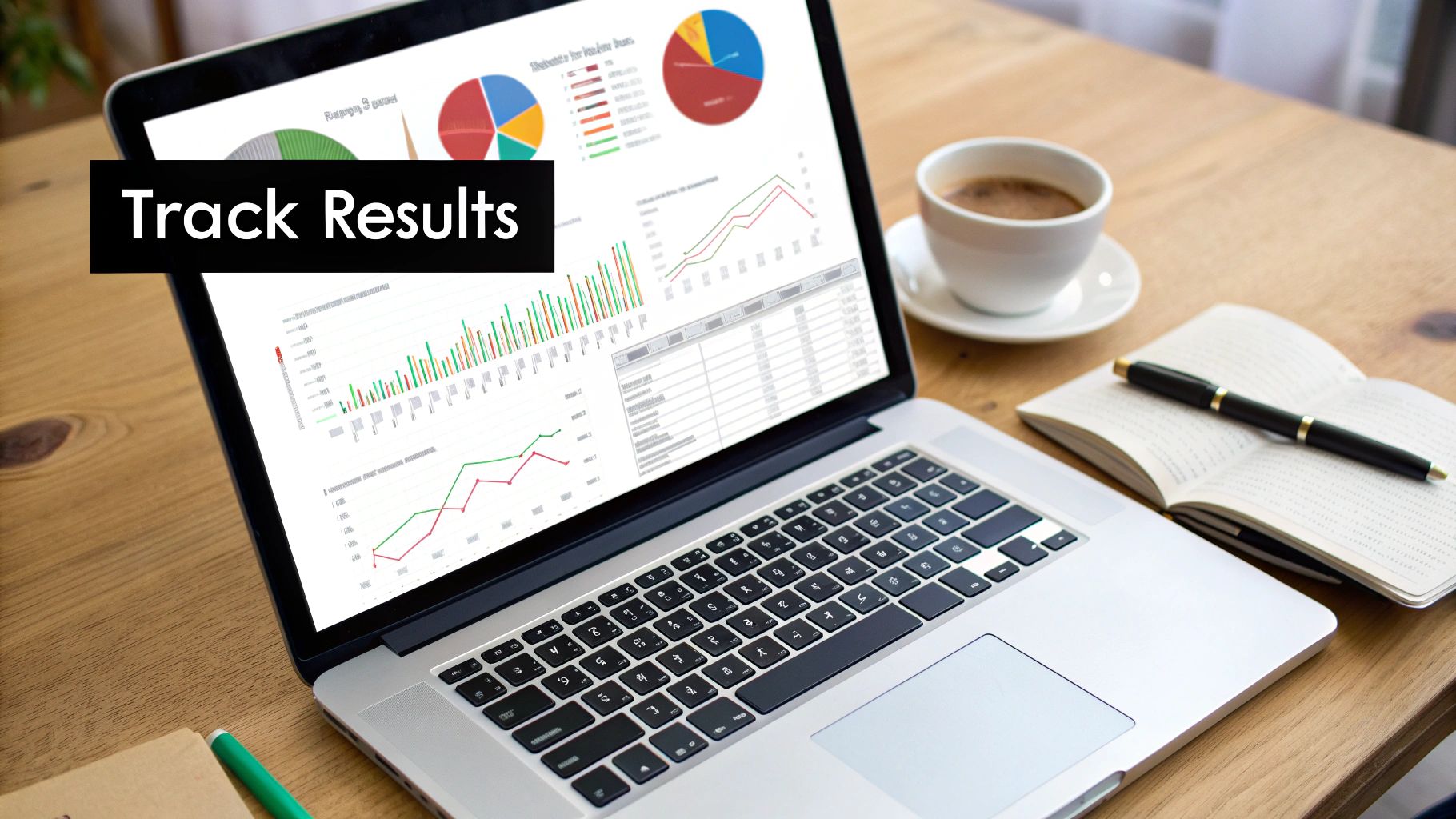 Laptop on a wooden desk shows business data charts and 'Track Results' text, beside coffee and a notebook.