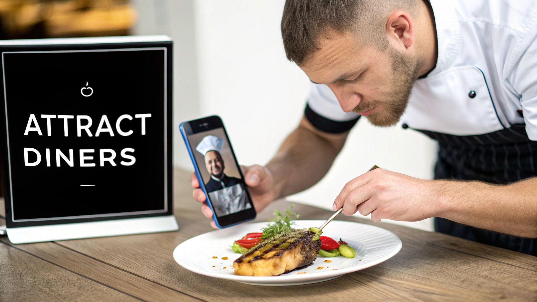 A focused chef meticulously plates a gourmet dish, consulting a smartphone displaying another chef.