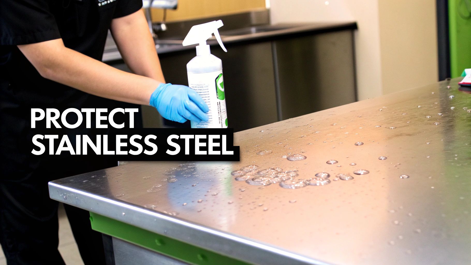 Person in blue gloves spraying a stainless steel counter with a cleaner for protection.