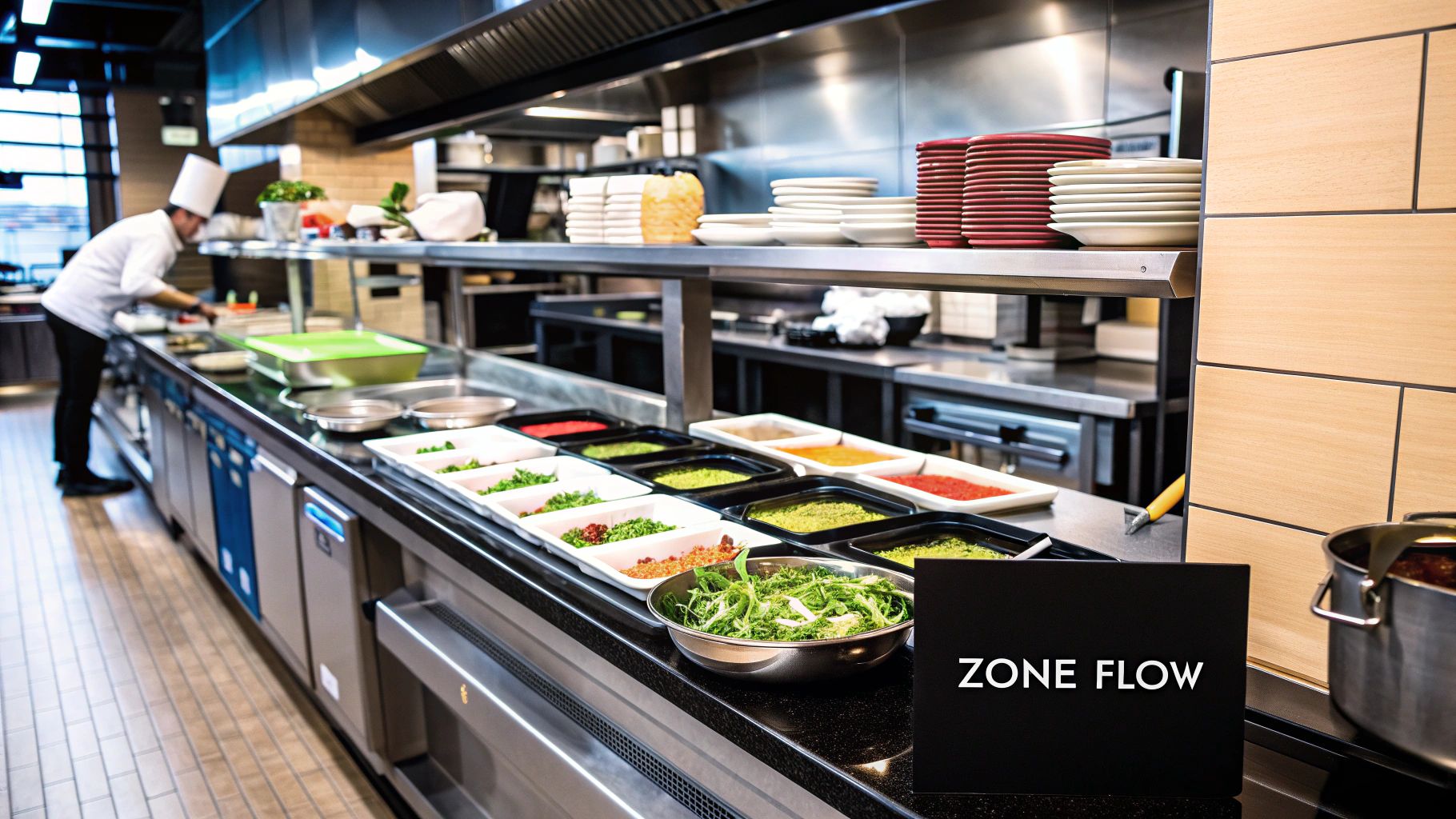 A well-organized commercial kitchen with distinct zones for cooking and prep