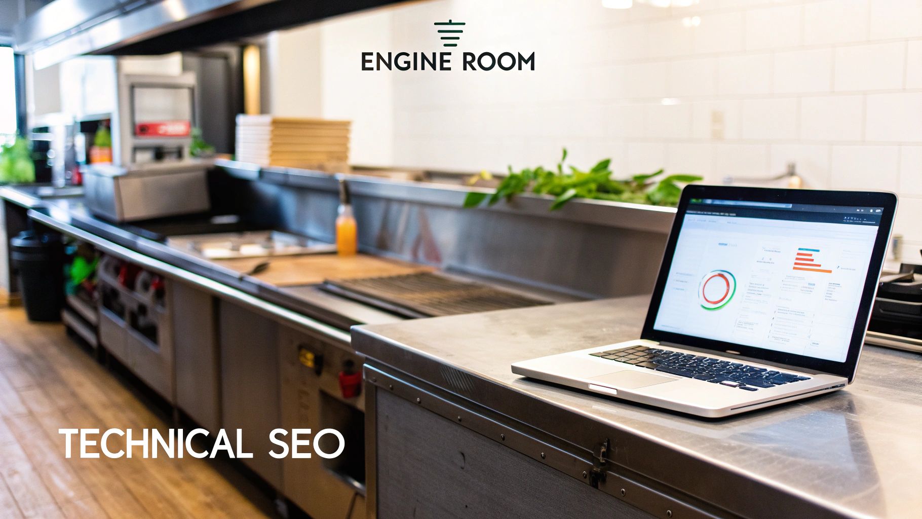 A laptop displaying SEO data and charts on a stainless steel counter in a modern commercial kitchen, with 'TECHNICAL SEO' text.