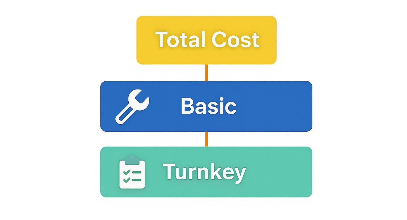 A diagram showing Total Cost broken down into Basic (with a wrench icon) and Turnkey (with a checklist icon) options.