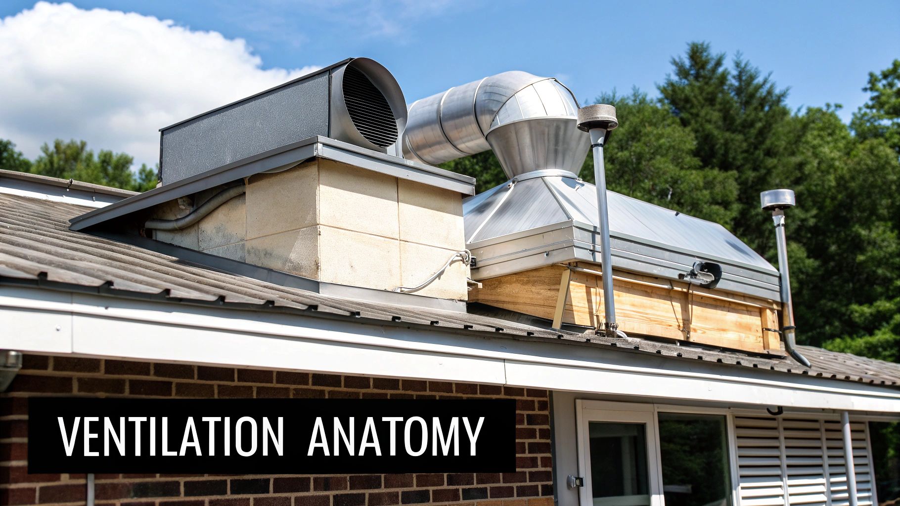 A close-up shot of a stainless steel commercial kitchen ventilation hood with baffle filters visible.