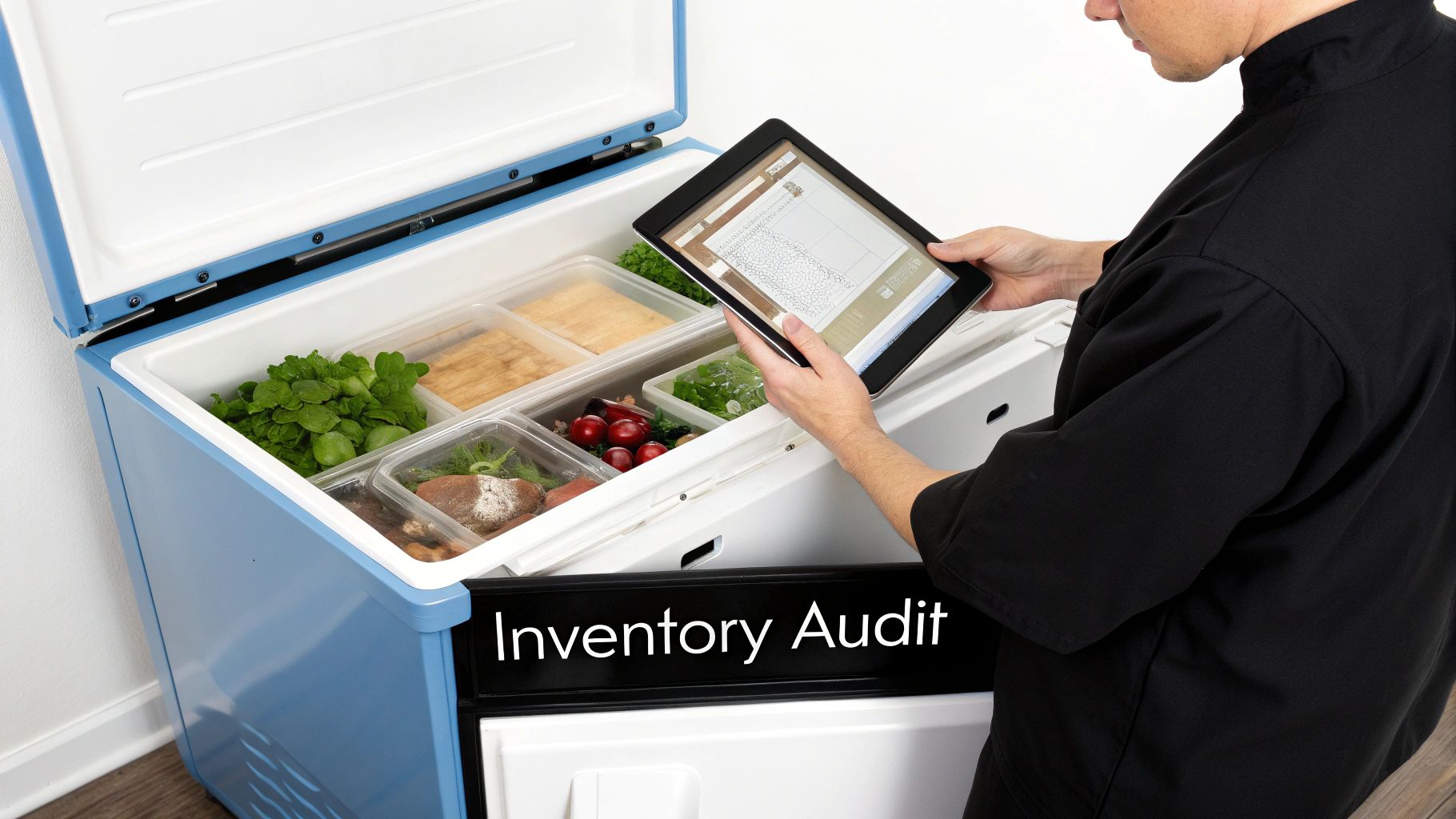 A chef performs an inventory audit, looking at a tablet while standing next to an open chest freezer filled with fresh ingredients.