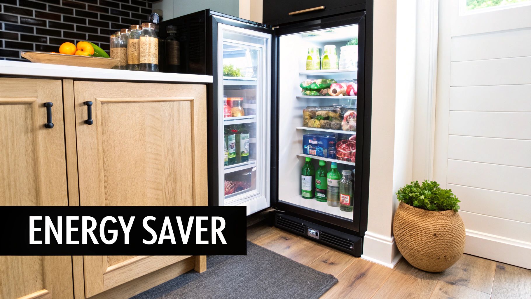 A sleek undercounter refrigerator with a glass door, filled with a variety of colorful beverages.