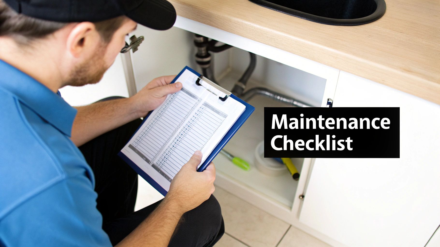A maintenance worker with a cap reviews a checklist next to an open cabinet under a sink.