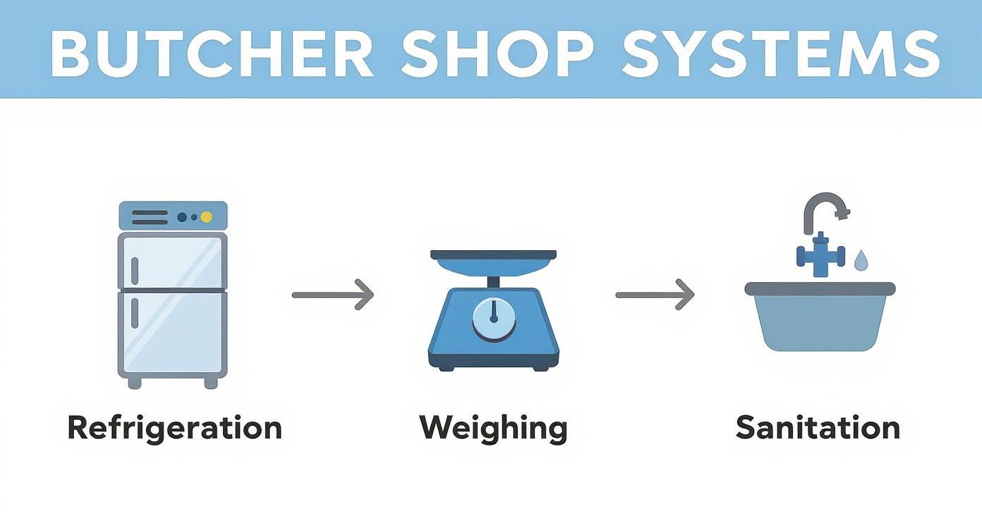 An illustration of essential butcher shop systems, including refrigeration, weighing, and sanitation.