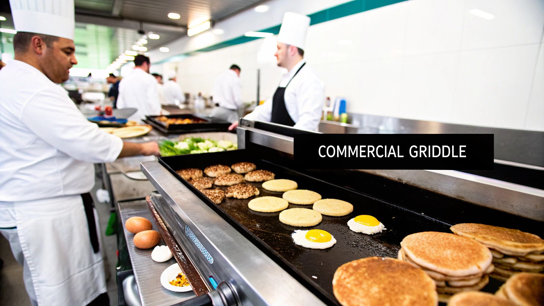 A chef expertly cooking burgers and vegetables on a large commercial griddle, showcasing its versatility and capacity.
