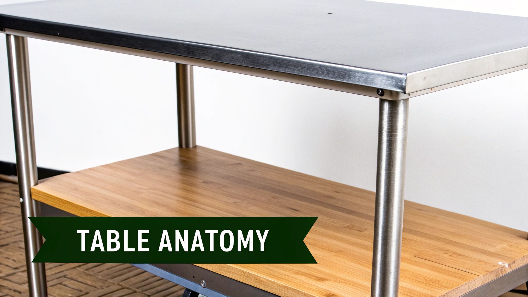 A two-tiered stainless steel and wooden table, featuring a 'TABLE ANATOMY' banner.