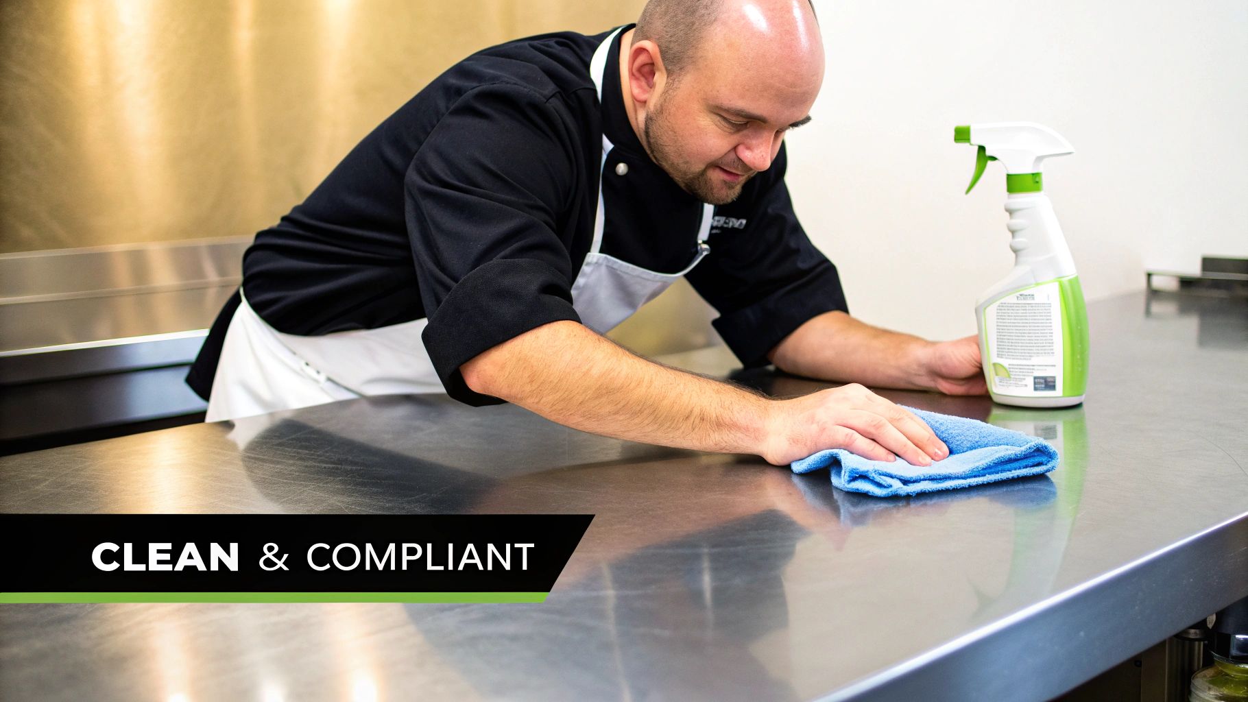 Chef cleaning a stainless steel commercial kitchen table with a blue cloth and spray cleaner.