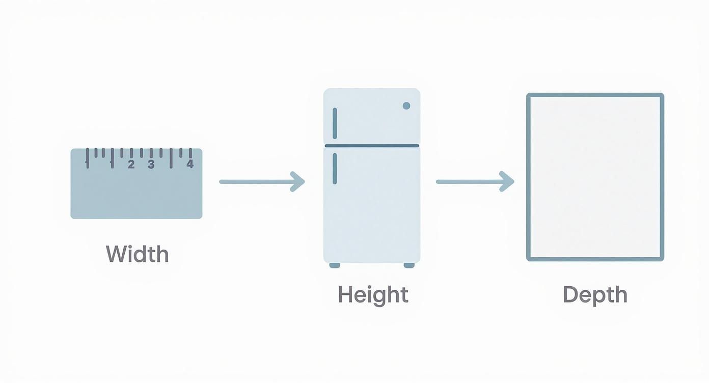 Illustration depicting width with a ruler, height with a refrigerator, and depth with a square.