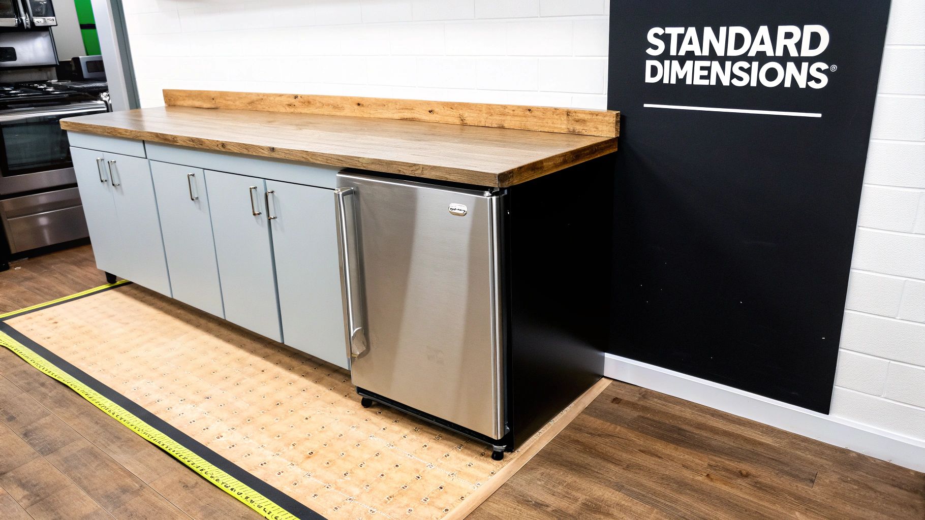 A modern kitchen counter with light blue cabinets, a wooden top, and a stainless steel under-counter refrigerator.