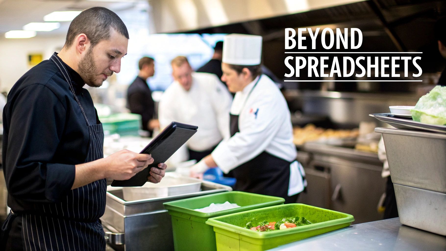 A chef in a professional kitchen uses a tablet, overseeing food preparation, with other chefs working.