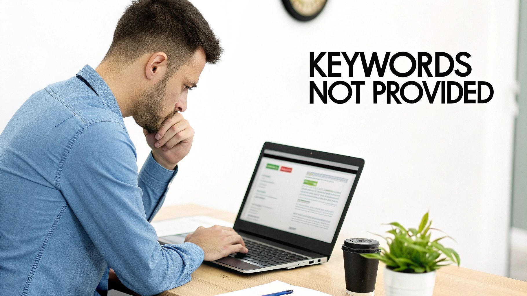 A man in a denim shirt ponders while looking at a laptop screen with "KEYWORDS NOT PROVIDED" text.