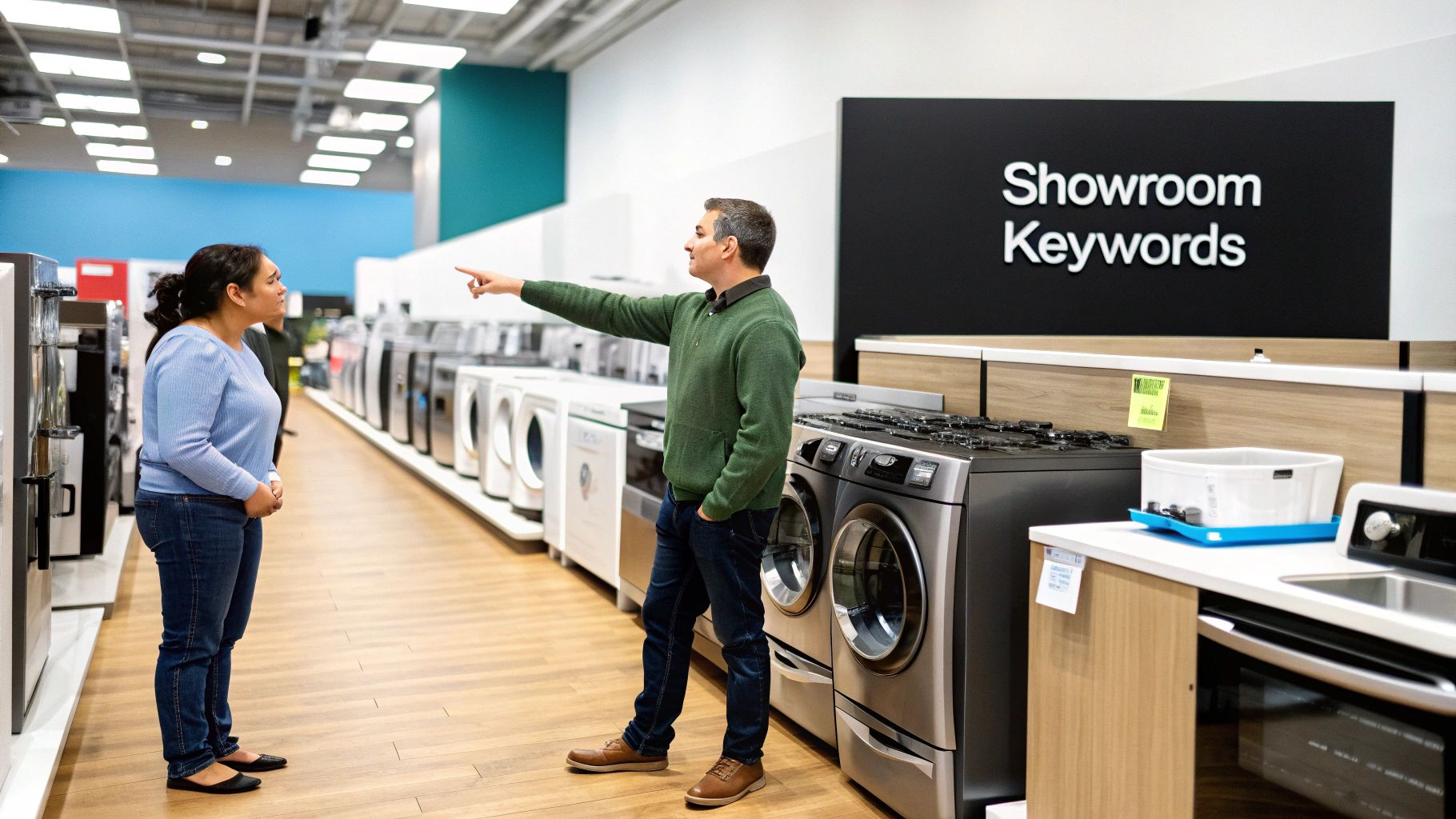 A man points at appliances while a woman listens attentively in a retail showroom.