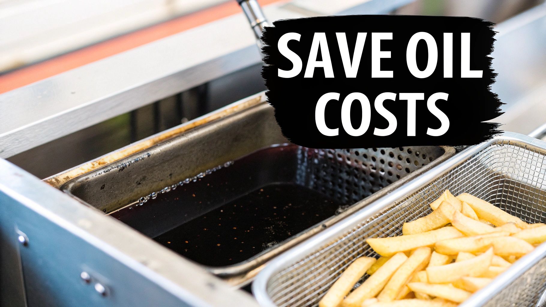 A commercial deep fryer with dark, used oil and a basket of golden french fries, promoting saving oil costs.