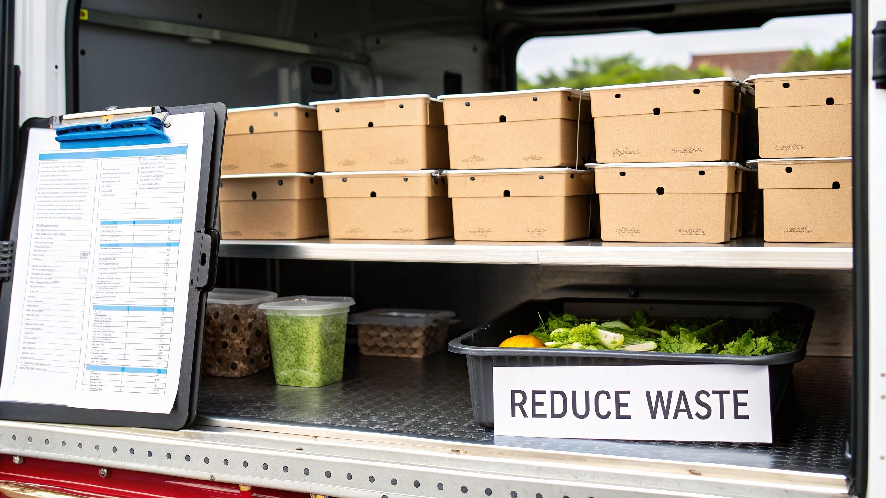 Inside a food delivery van, organized shelves hold meal boxes, fresh produce, and a 'REDUCE WASTE' sign.