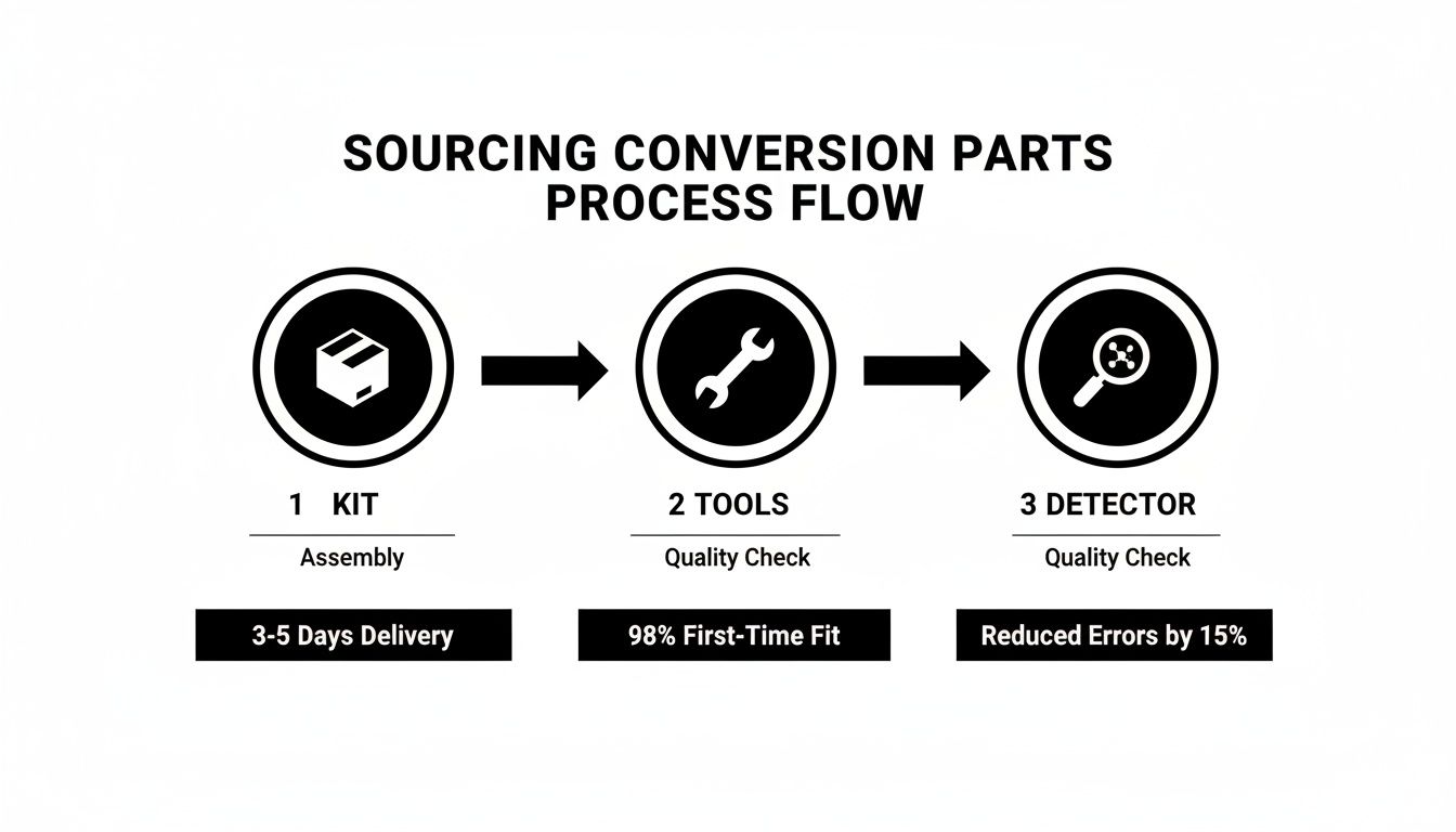 Process flow for sourcing conversion parts showing steps for kit assembly, tools, and quality checks.