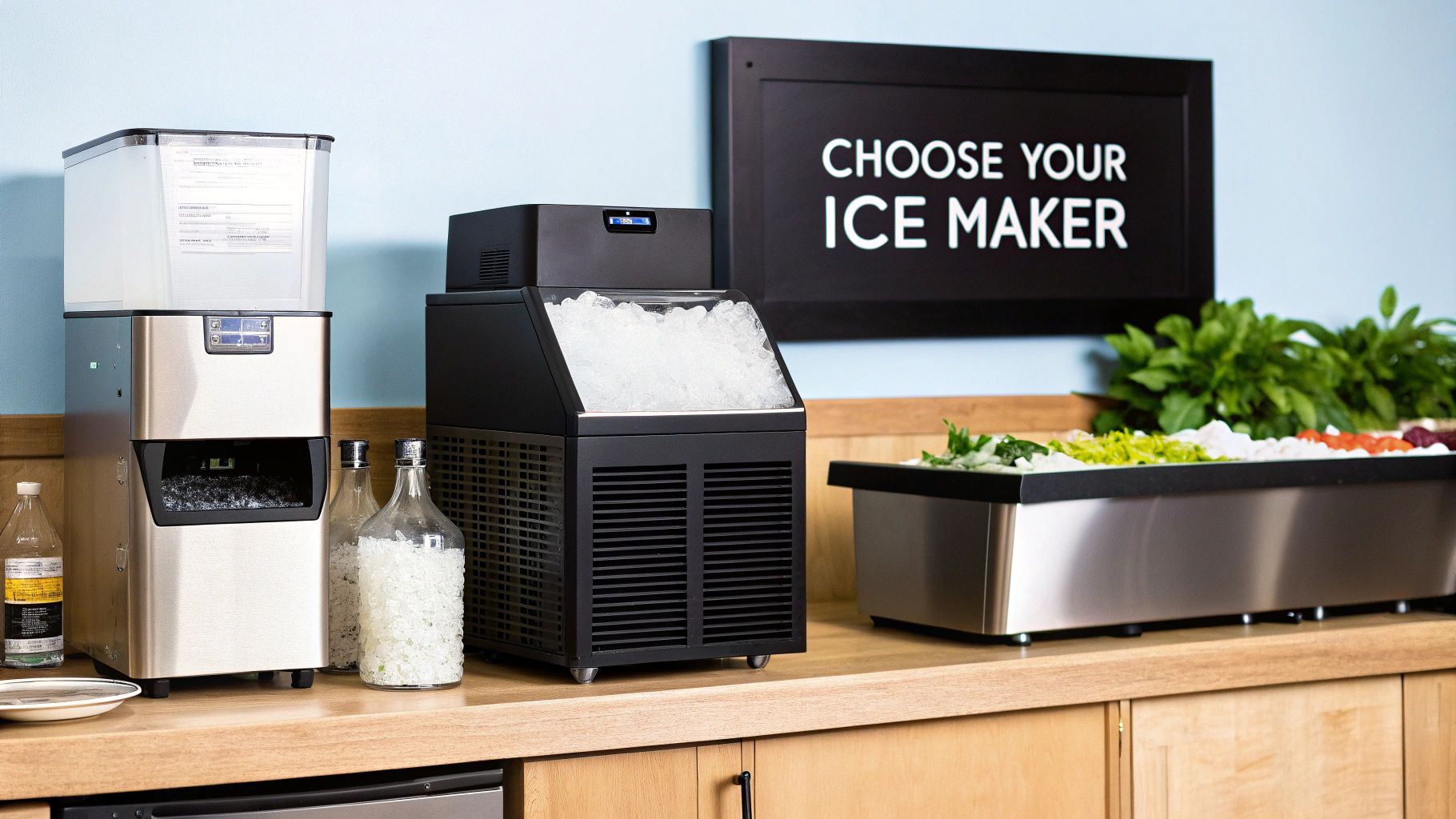 Two commercial ice makers, one silver and one black, on a wooden counter with a 'CHOOSE YOUR ICE MAKER' sign.