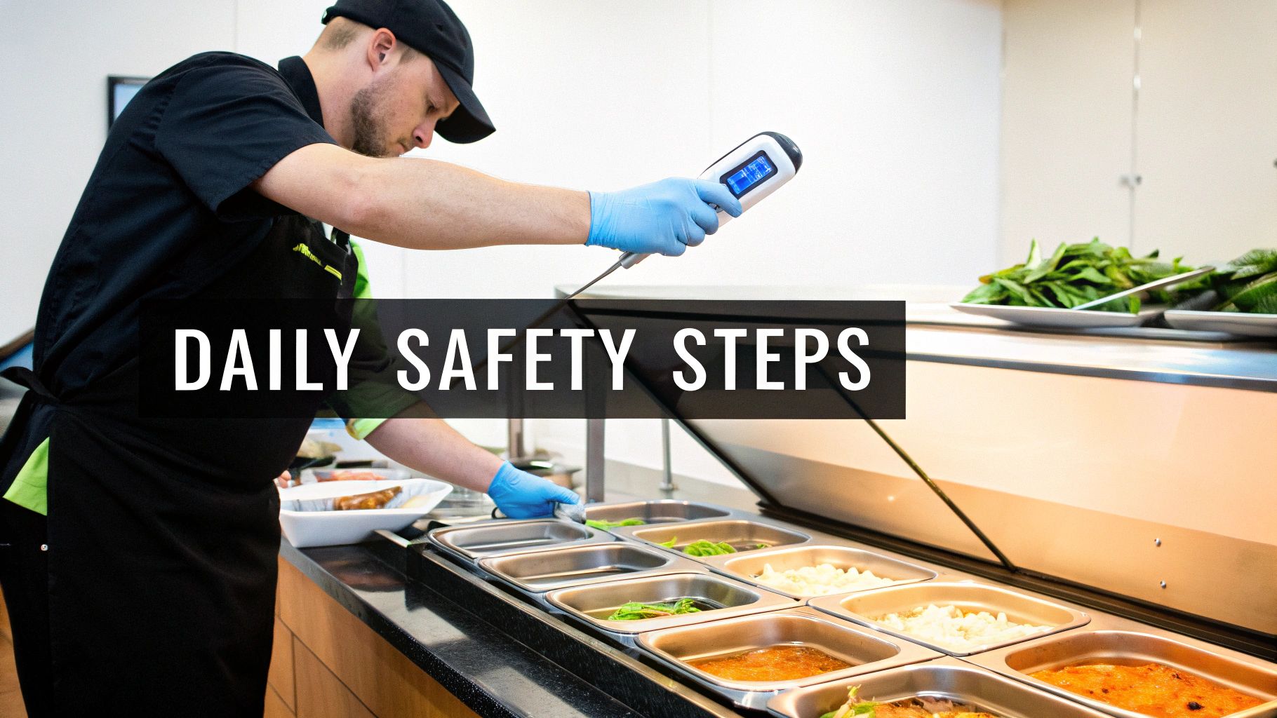 A food thermometer is inserted into a pan of hot food to check its temperature on a warming table.