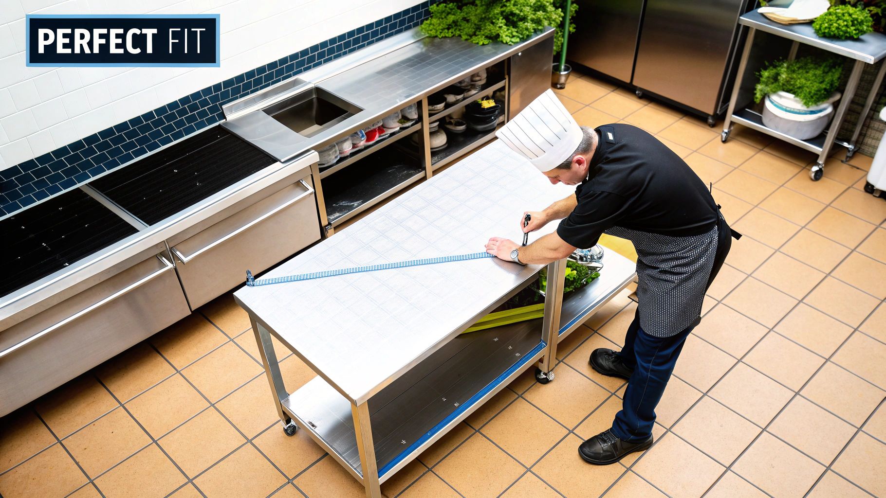 A chef measuring a kitchen space for a new stainless steel prep table, with tape measure extended.
