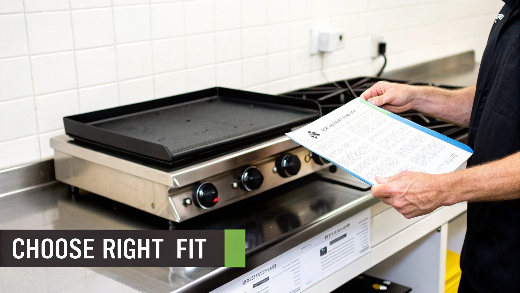 Man holding documents while looking at a stainless steel griddle in a commercial kitchen.