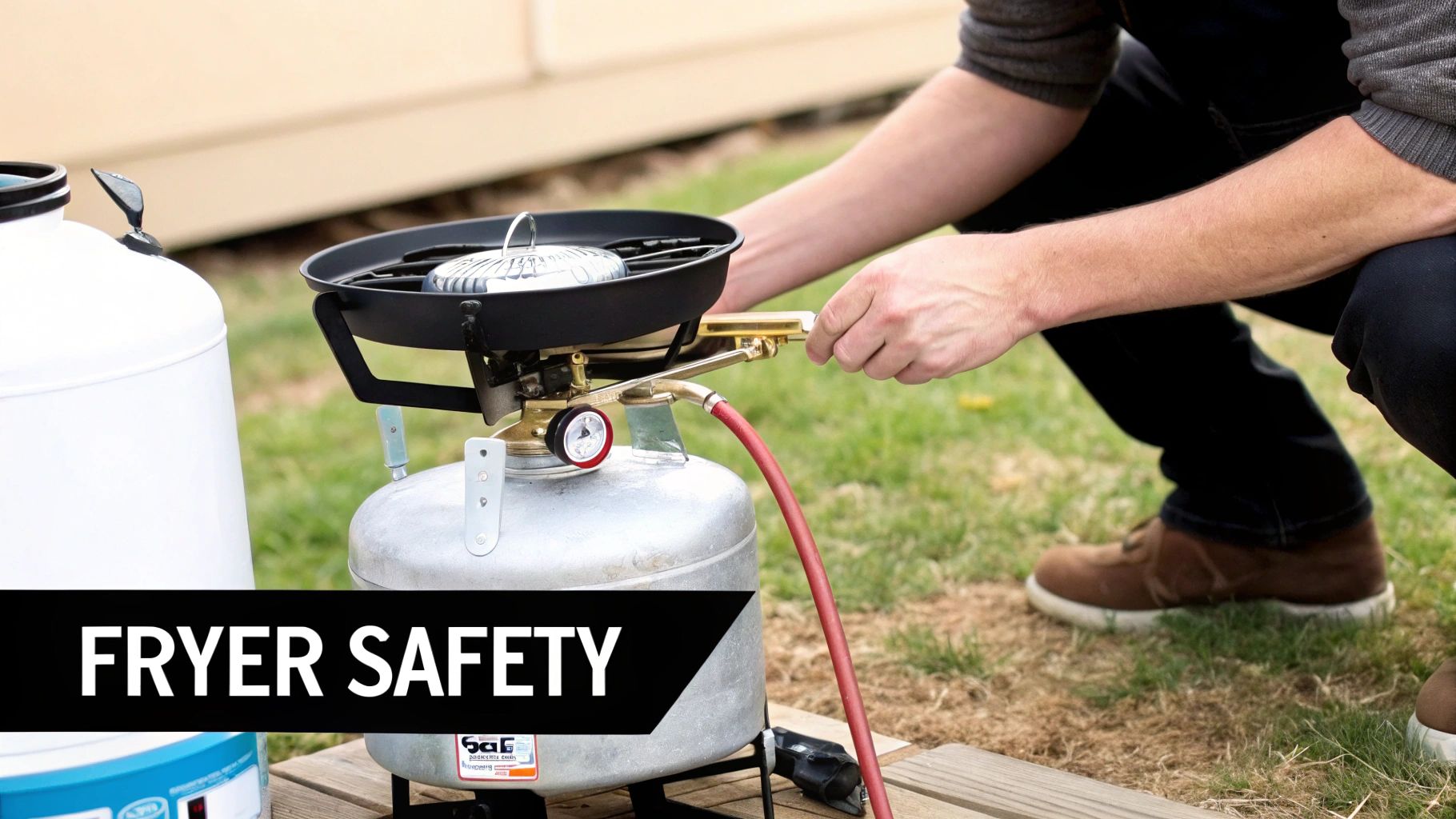 A person adjusts a portable propane deep fryer setup outdoors on grass, highlighting safety.