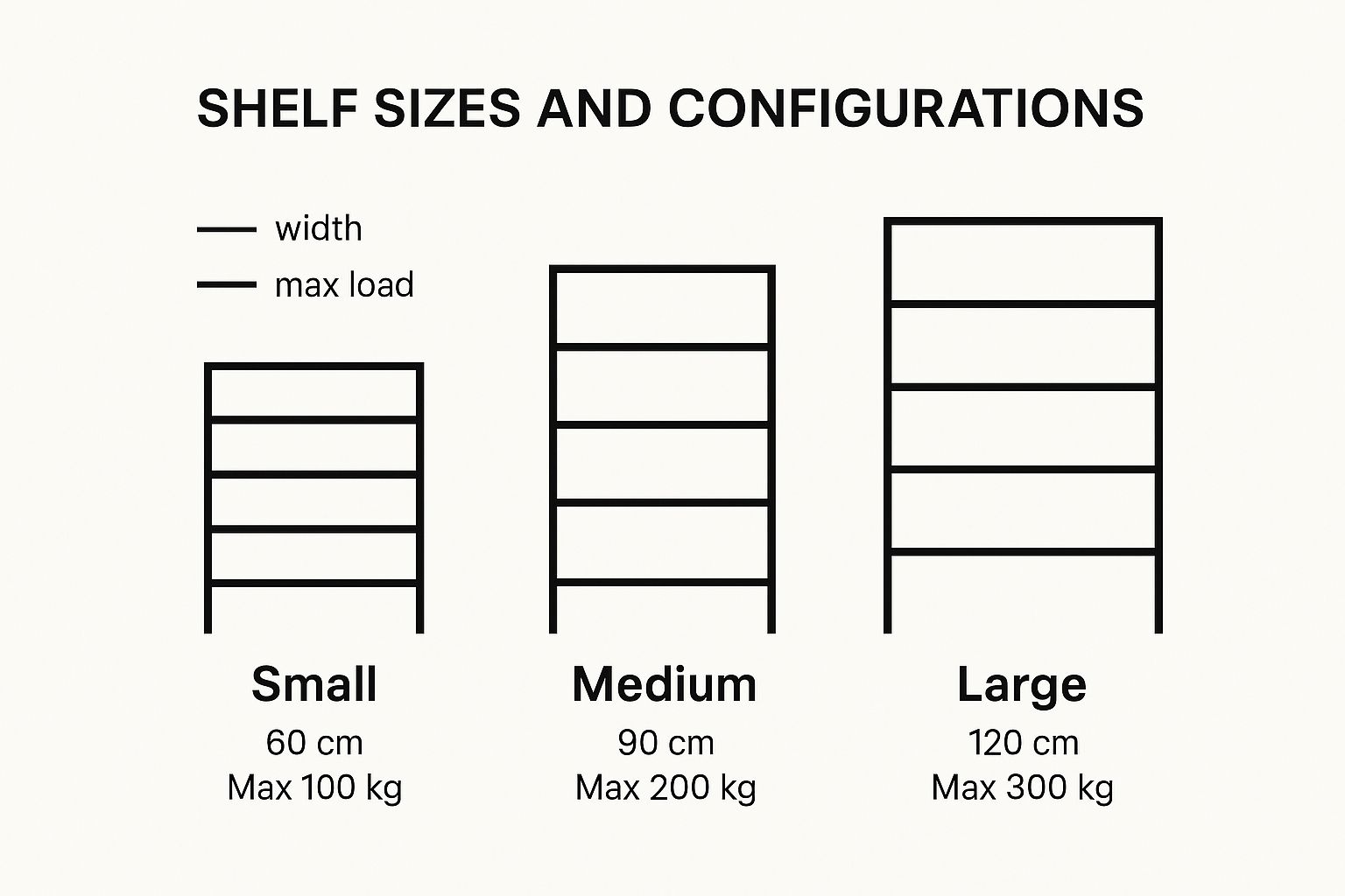 An infographic showing three columns representing small, medium, and large shelf units with their respective widths and maximum load capacities.