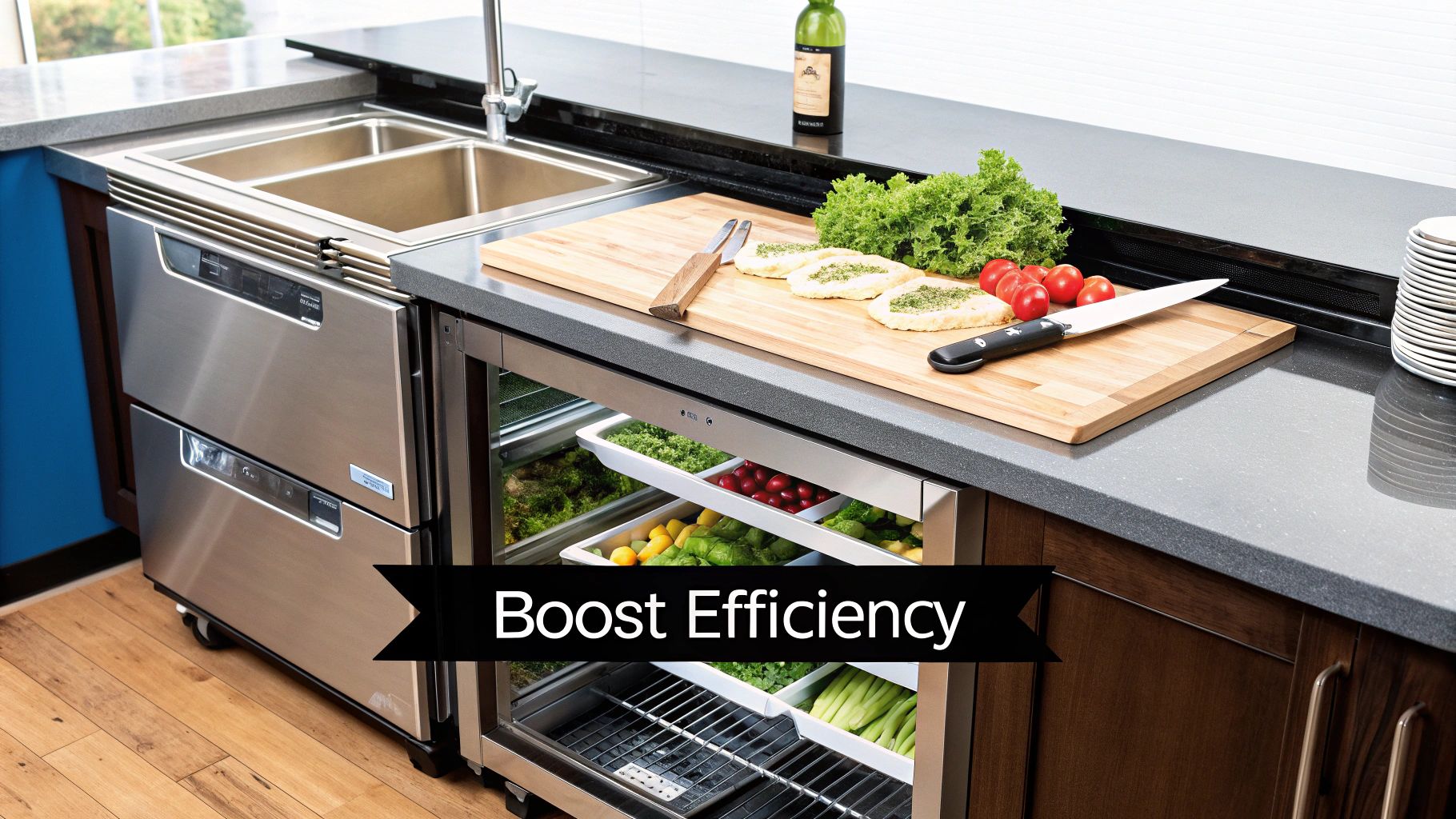 A restaurant preparation table with integrated refrigeration, showcasing organized food pans.