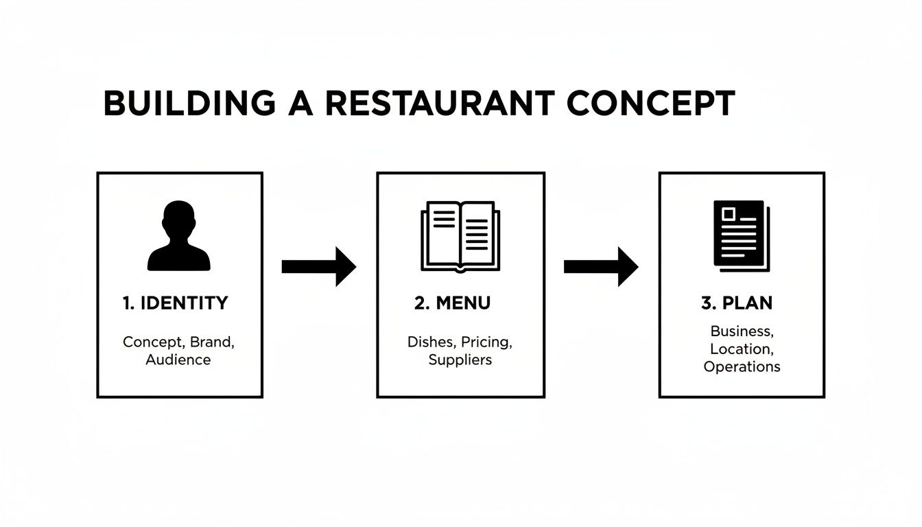 Flowchart illustrating three essential steps for building a restaurant concept: Identity, Menu, and Plan.