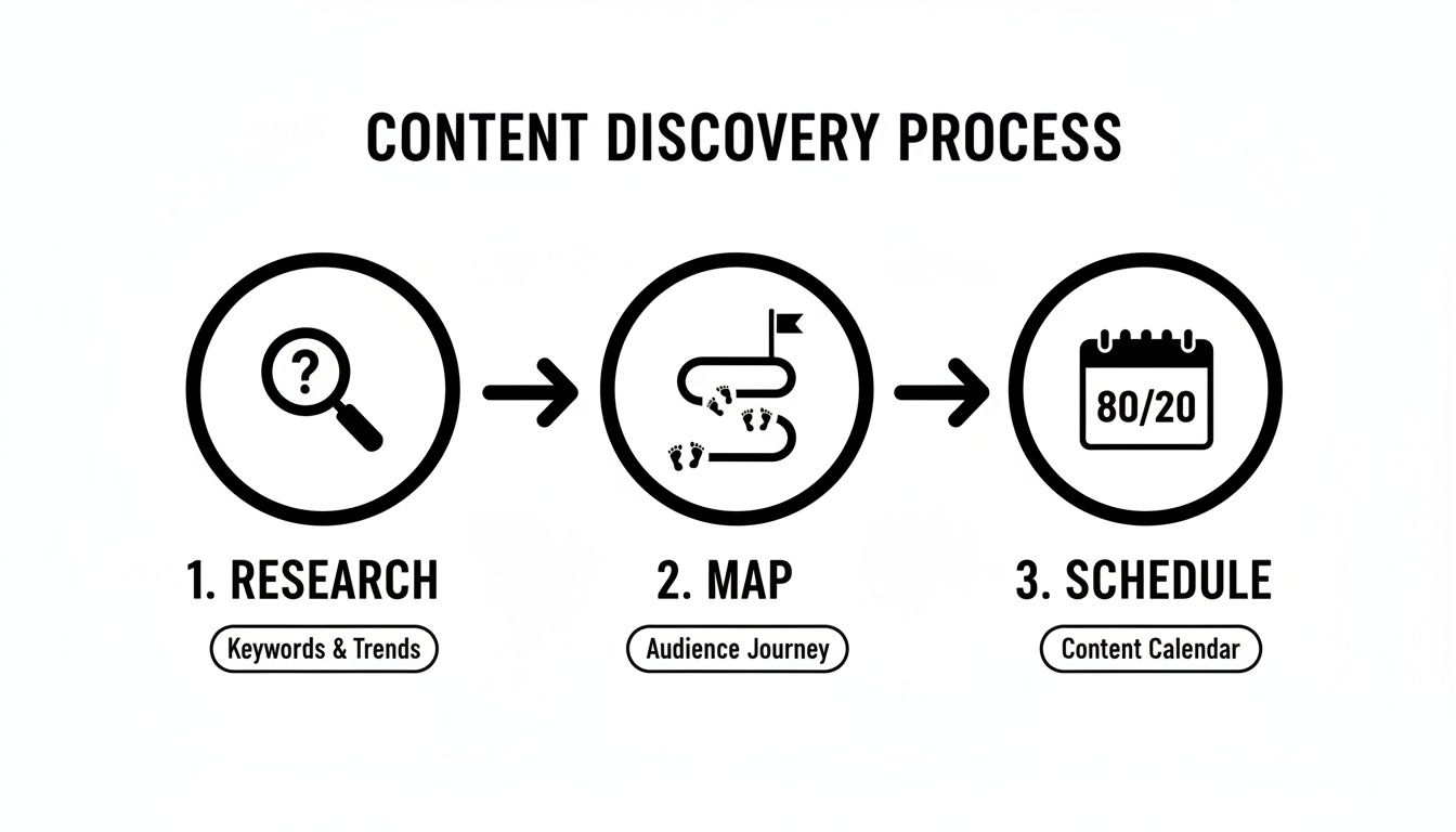 Diagram illustrating the content discovery process: research, map audience journey, and schedule content calendar.