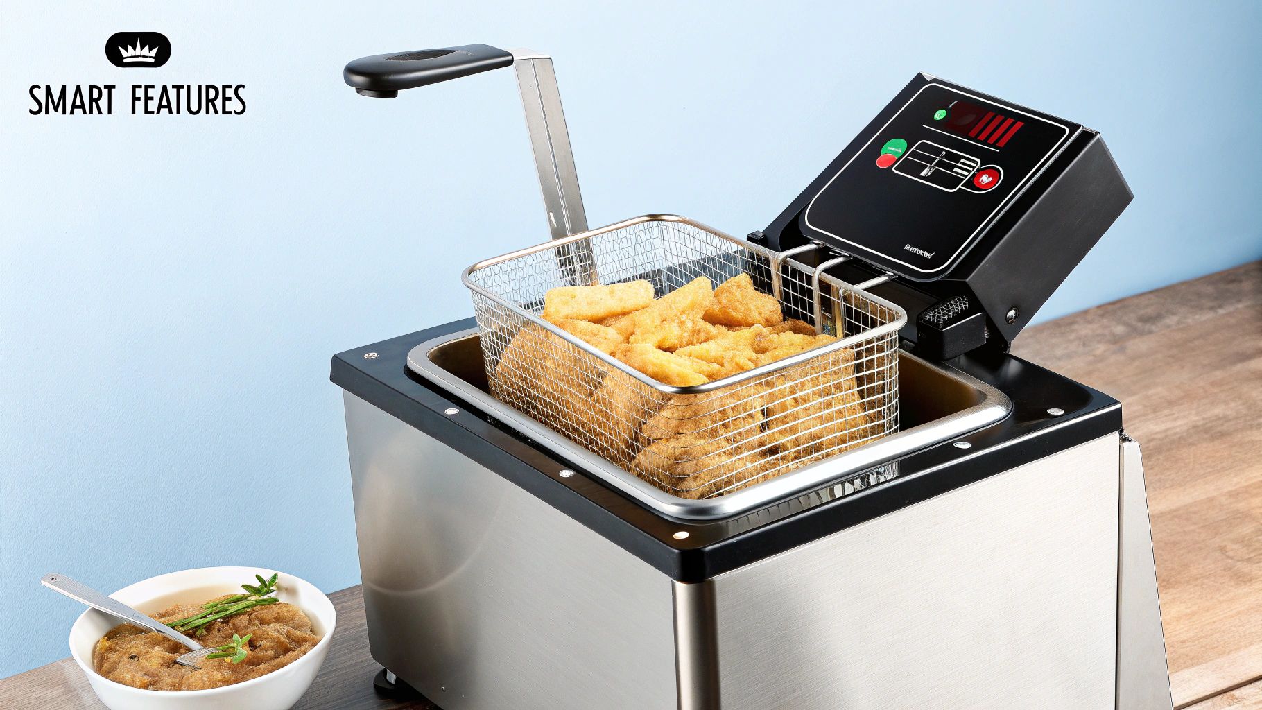 A modern commercial deep fryer with a digital control panel and built-in filtration system.