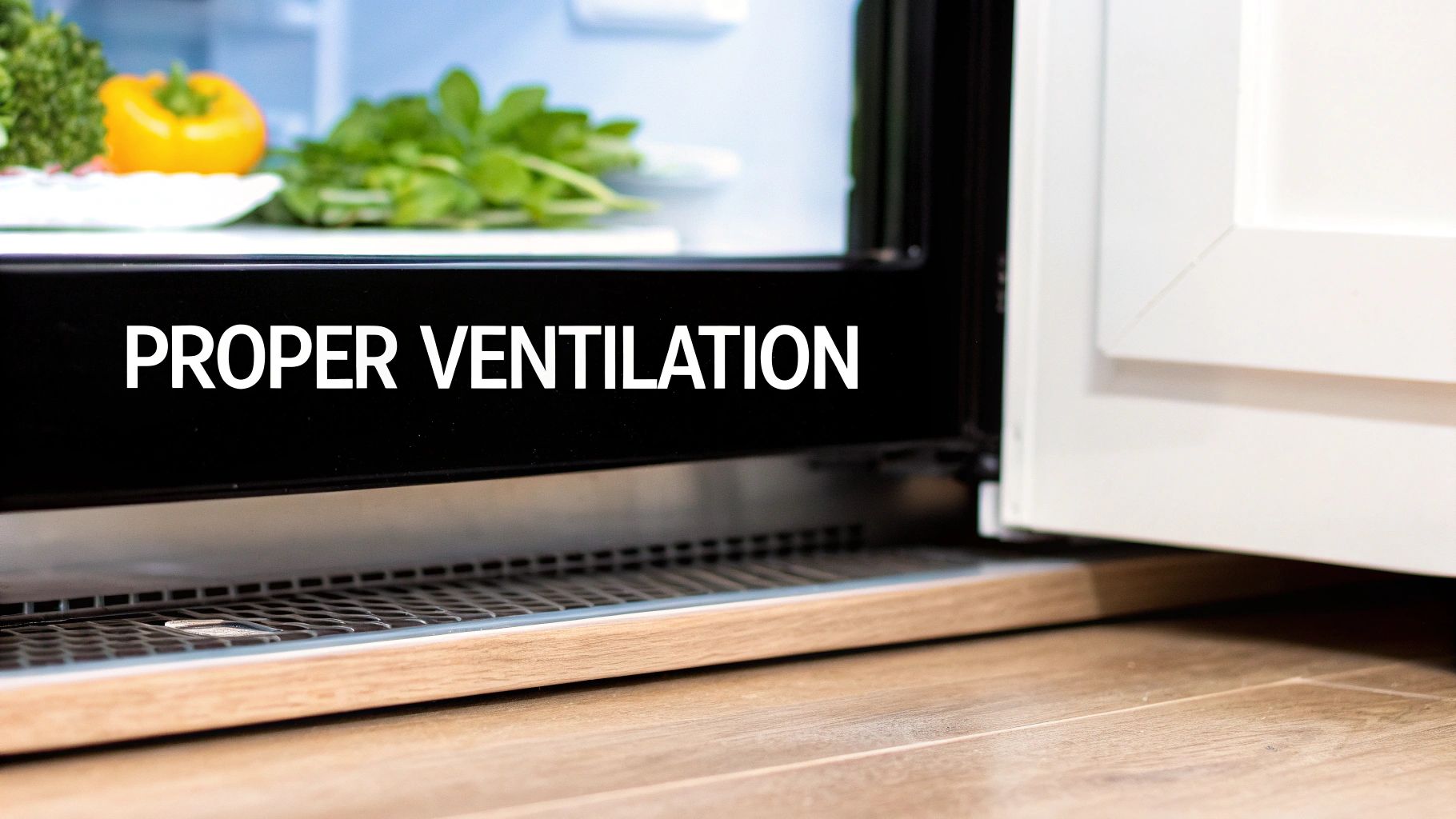 Close-up of an open under-counter fridge showing fresh produce and a ventilation grille.