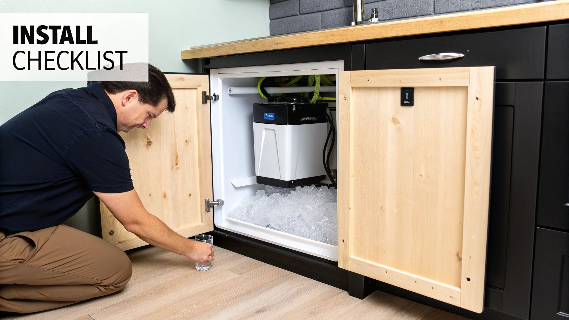 A man kneels by an open undercounter ice maker with an 'INSTALL CHECKLIST' sign, filling a glass with ice.