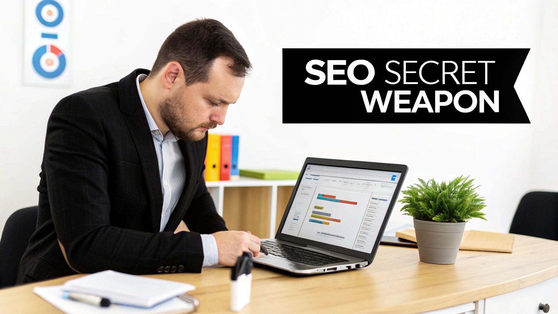 A focused man in a suit works on a laptop displaying SEO analytics, with an 'SEO SECRET WEAPON' sign.