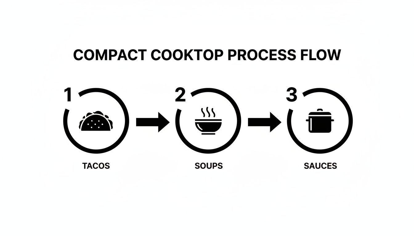 A diagram illustrating the compact cooktop process flow for preparing tacos, soups, and sauces.
