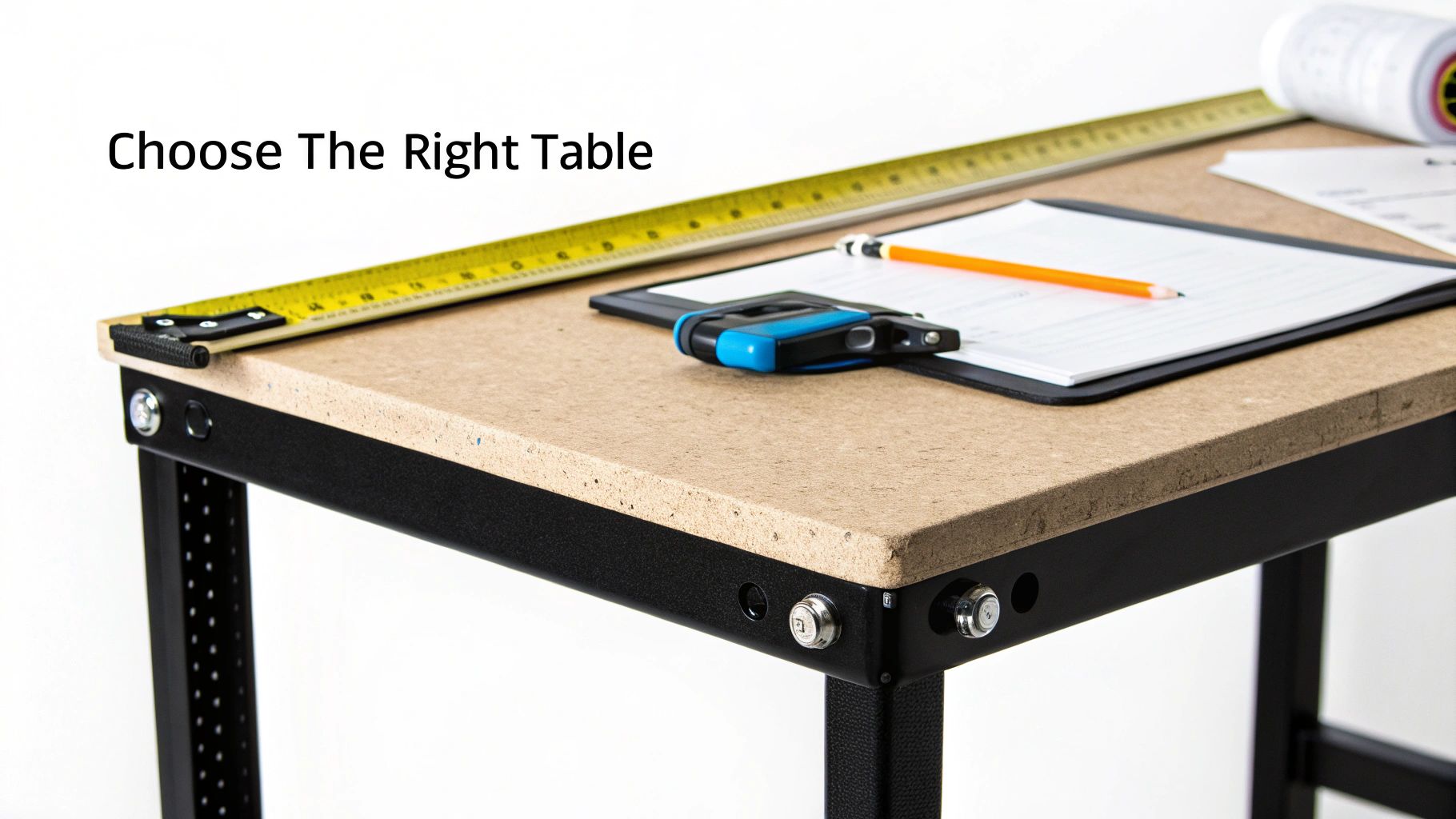 A person measuring the available kitchen space for a new restaurant preparation table.