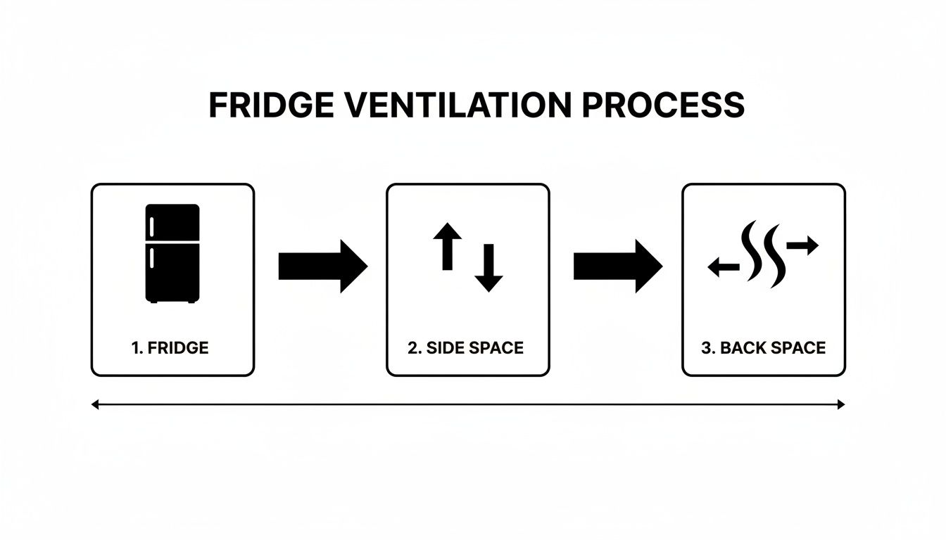 Diagram illustrating the fridge ventilation process, showing air movement from the fridge to side and back spaces.