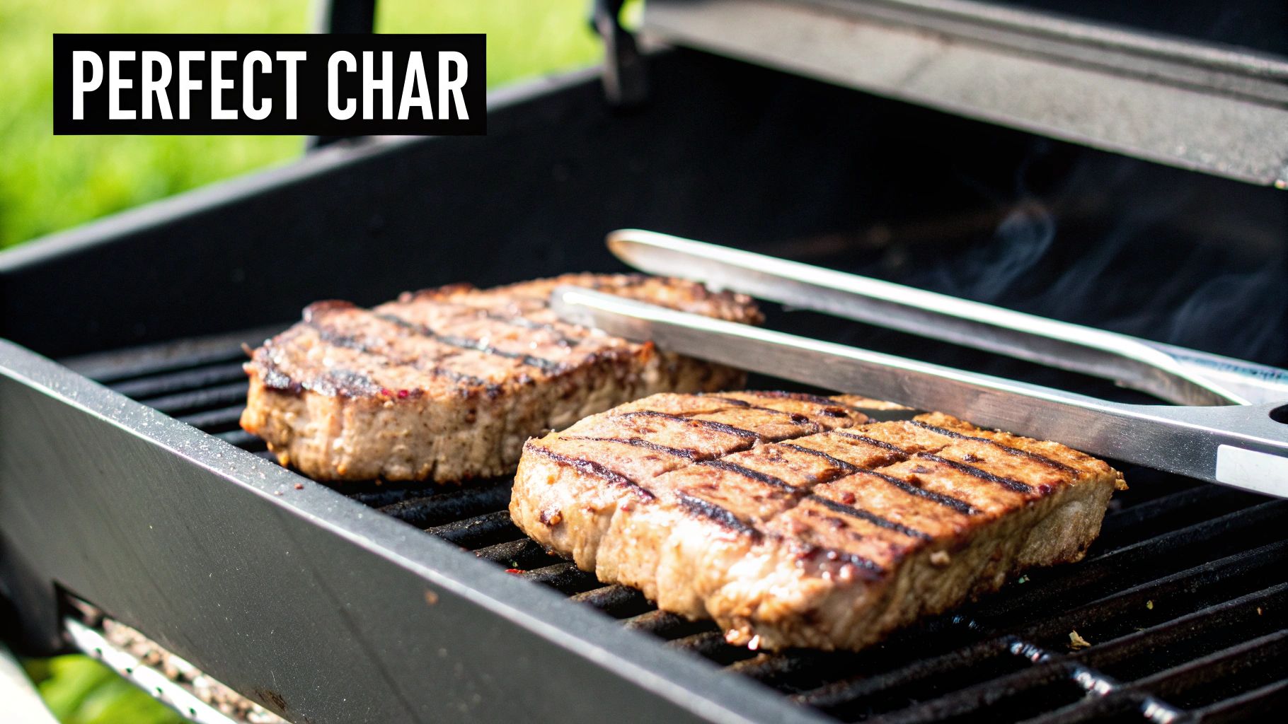 Close-up of two grilled burgers or steaks with perfect char marks on a black barbecue grill.