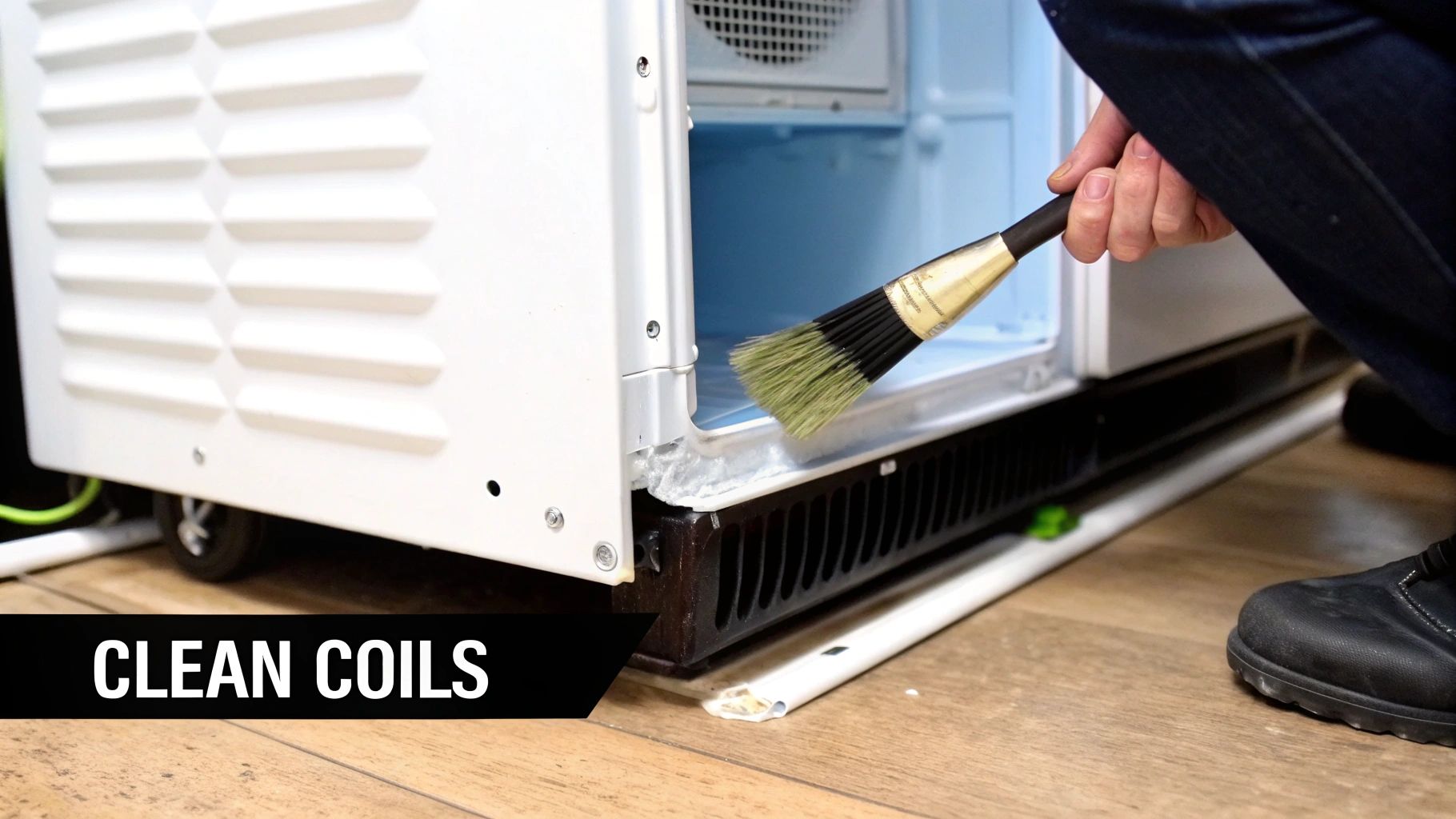 A technician examining the internal components of a refrigerator.