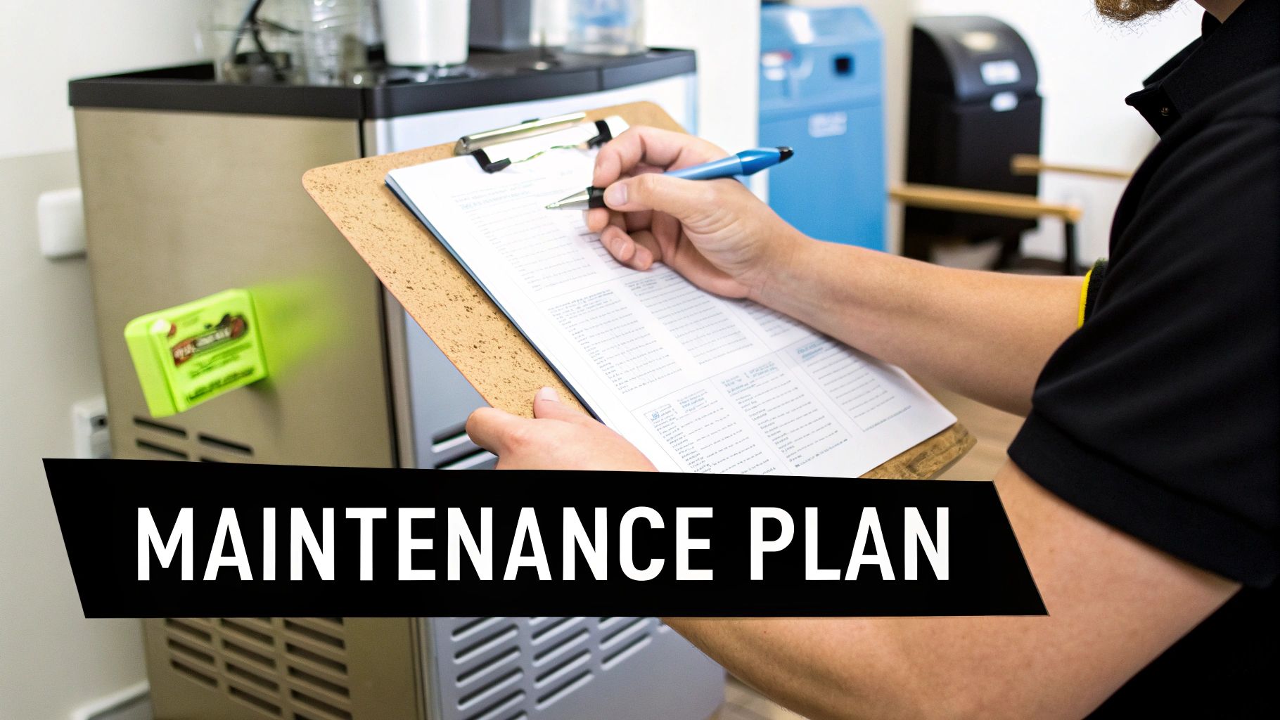 Person inspecting a commercial ice maker, writing on a maintenance checklist on a clipboard.