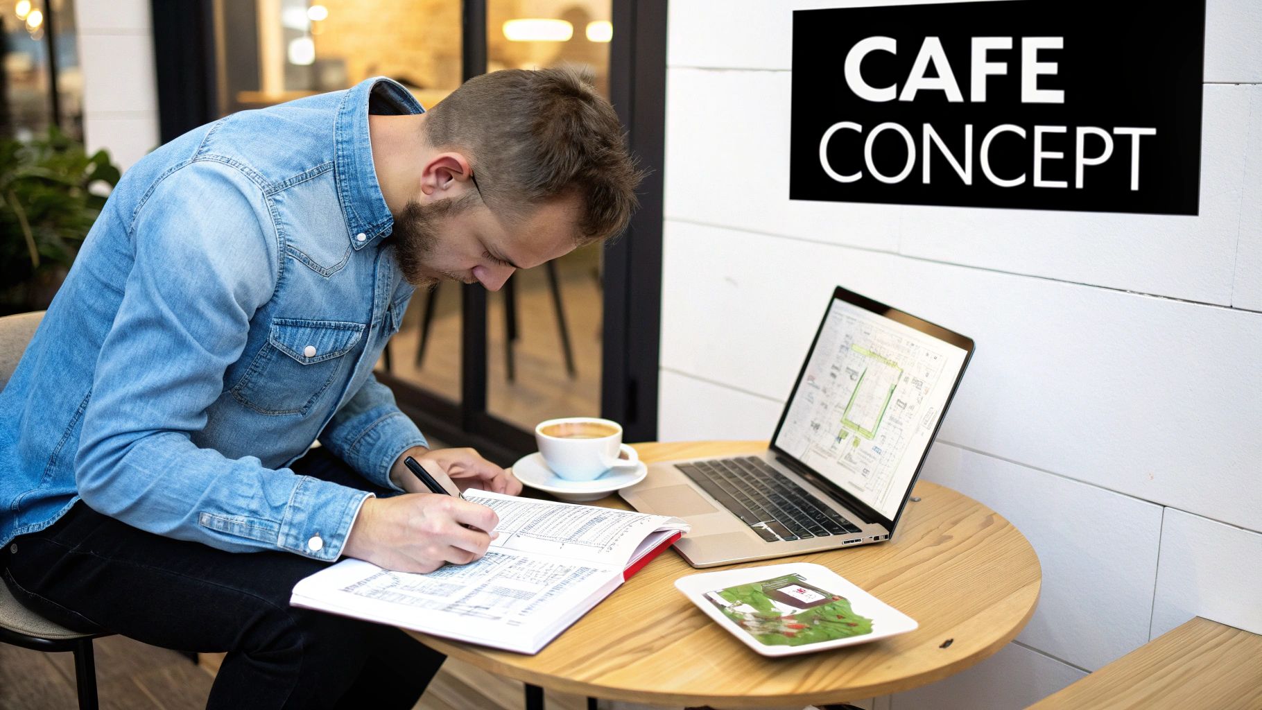 Young man in a cafe, writing in a notebook, with a laptop and coffee.