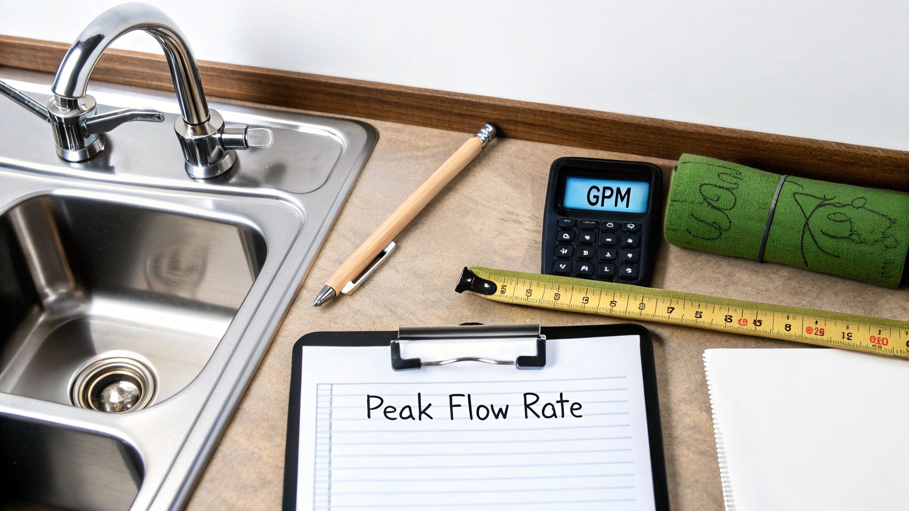 Kitchen counter with sink, faucet, a clipboard showing 'Peak Flow Rate,' and a calculator displaying 'GPM.'