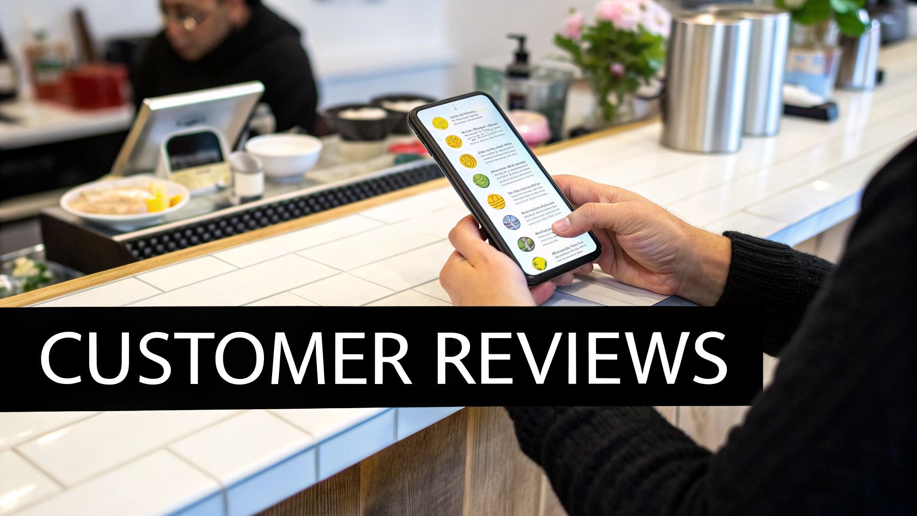 A person holds a smartphone displaying customer reviews at a modern cafe counter.