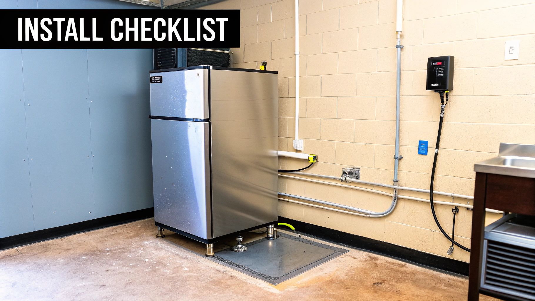 Stainless steel commercial refrigerator/ice maker installed on a floor drain with wall utilities.
